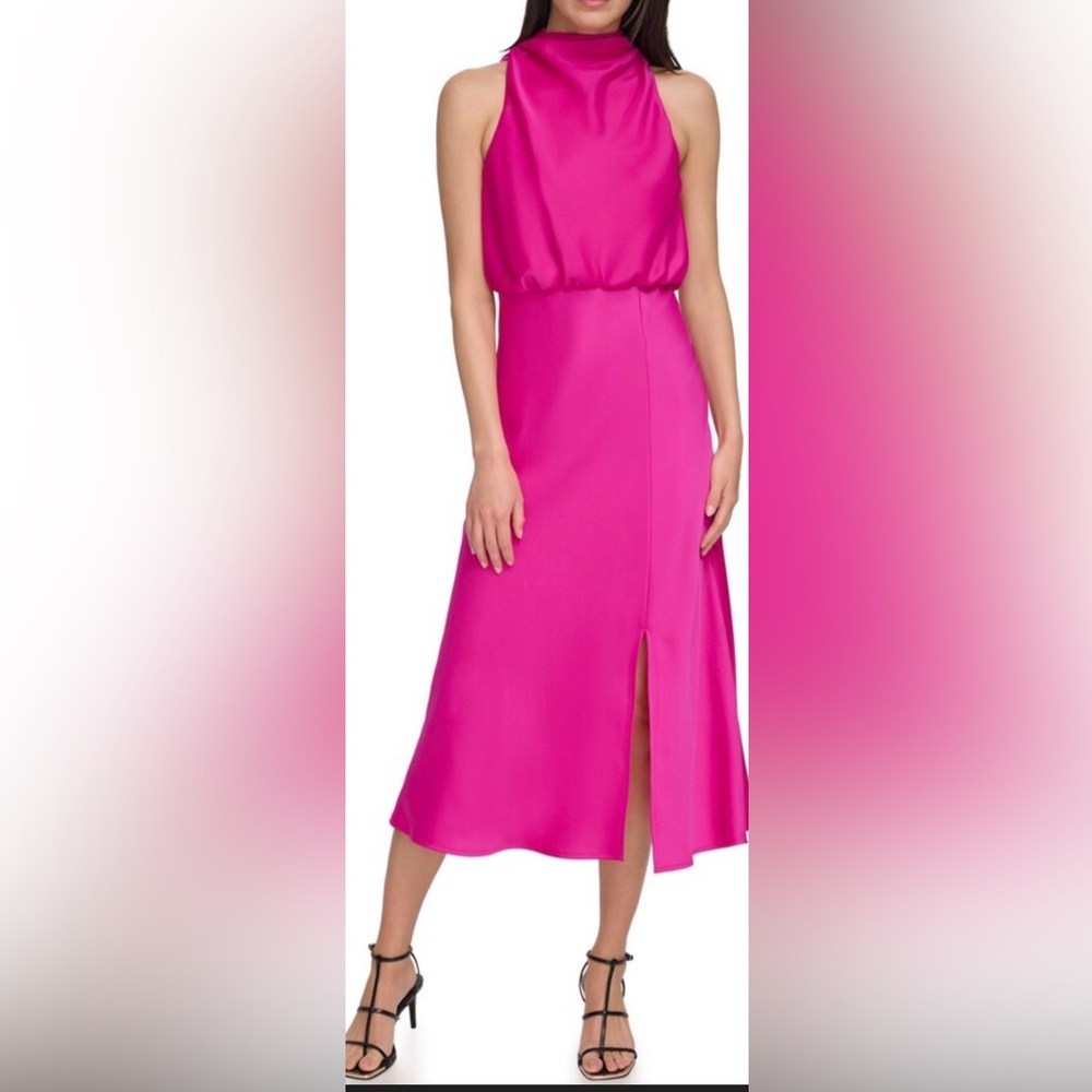 Fuchsia DKNY Draped Satin Midi Dress Size 4